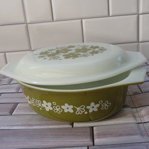 Vintage Pyrex Olive and White Floral casserole baking dish with lid.
